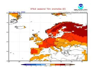 Prognoza odchylenia średniej temperatury od normy wieloletniej na marzec, kwiecień i maj 2022 r.