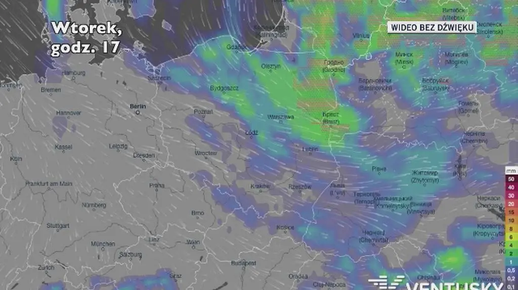 Opady deszczu w ciągu kolejnych pięciu dniu (Ventusky