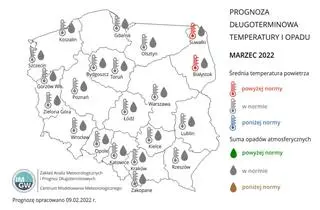 Prognoza średniej miesięcznej temperatury powietrza i miesięcznej sumy opadów atmosferycznych na marzec 2022 r. dla wybranych miast w Polsce