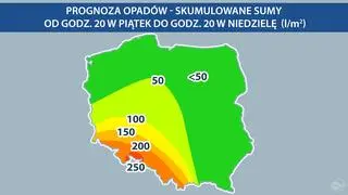 Prognoza skumulowanych sum opadów od godz. 20 w piątek do godz. 20 w niedzielę