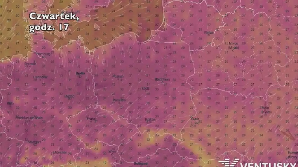 Temperatura w ciągu najbliższych pięciu dniu (Ventusky