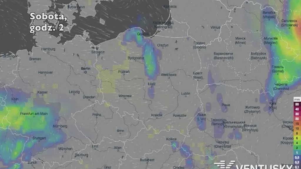 Opady deszczu w ciągu najbliższych pięciu dni (Ventusky
