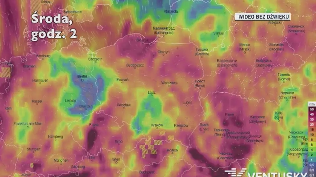 Opady deszczu w ciągu najbliższych pięciu dni (Ventusky