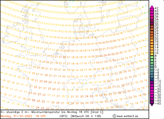 Temperatura maksymalna w poniedziałek przy ziemi wg modelu GFS