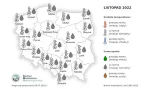 Prognoza średniej miesięcznej temperatury powietrza i miesięcznej sumy opadów atmosferycznych na listopad 2022 roku dla wybranych miast w Polsce