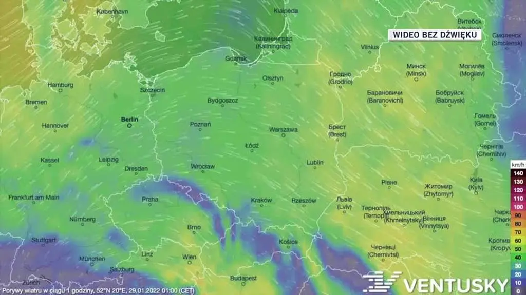 Prognozowane porywy wiatru w dniach 29
