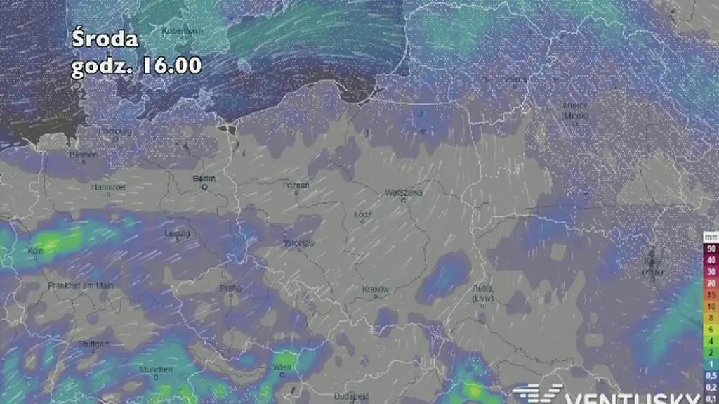 Prognoza opadów na pięć dni (ventusky