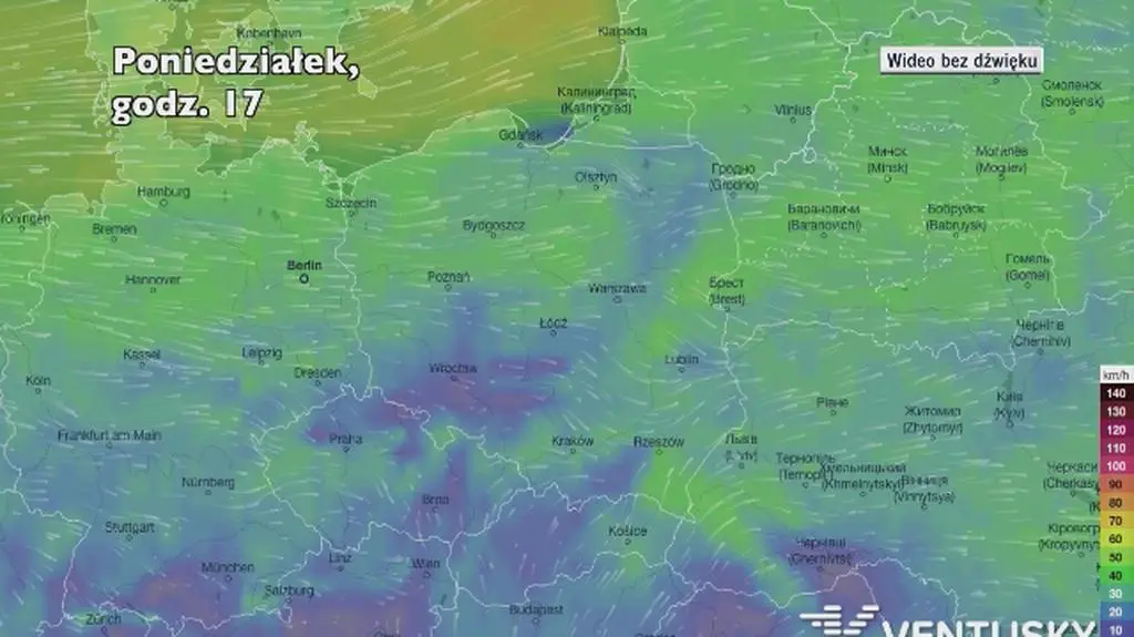 Porywy wiatru w kolejnych dniach (Ventusky