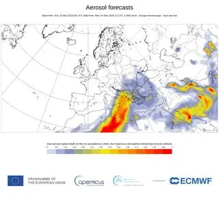 Prognoza zagęszczenia pyłu saharyjskiego w Europie. Dane na 24.03.25 godz. 13