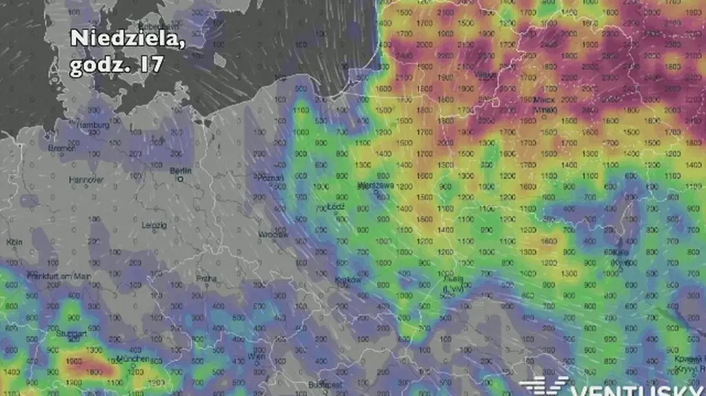 Potencjalny rozwój burz w ciągu pięciu dniu (Ventusky