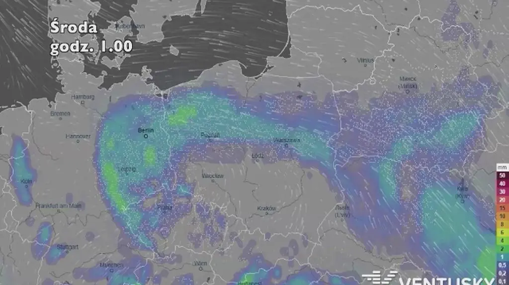 Prognoza opadów na pięć dni (ventusky
