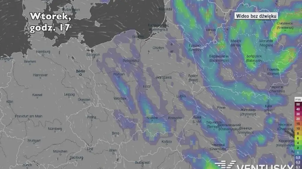 Opady deszczu w ciągu najbliższych pięciu dni (Ventusky