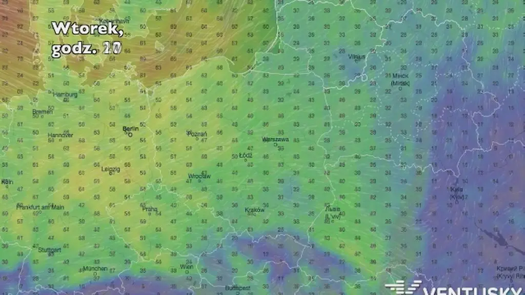 Porywy wiatru w kolejnych dniach (Ventusky