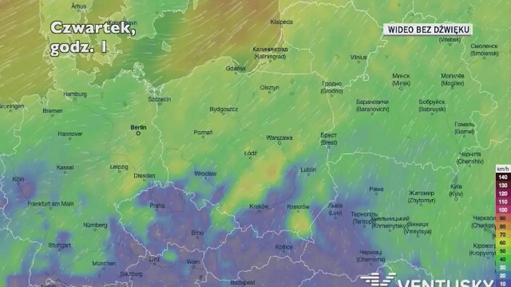 Prognozowane porywy wiatru w ciągu najbliższych dni (Ventusky