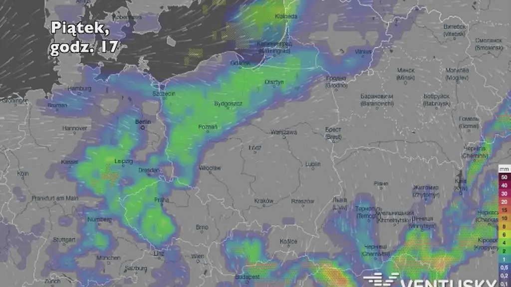 Opady deszczu w ciągu najbliższych pięciu dni (Ventusky