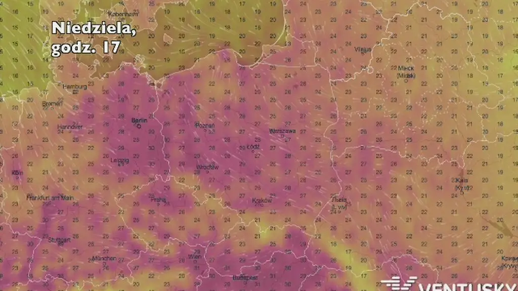 Temperatura w ciągu najbliższych pięciu dni (Ventusky