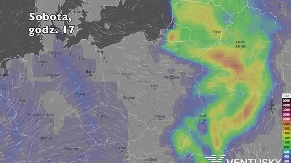 Potencjonalny rozwój burz w ciągu kolejnych pięciu dniu (Ventusky