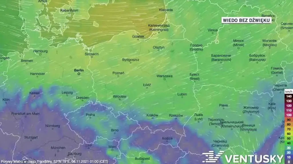 Prognozowane porywy wiatru w dniach 6-10