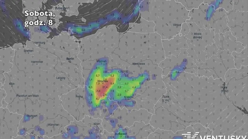 Opady deszczu w ciągu najbliższych pięciu dni (Ventusky