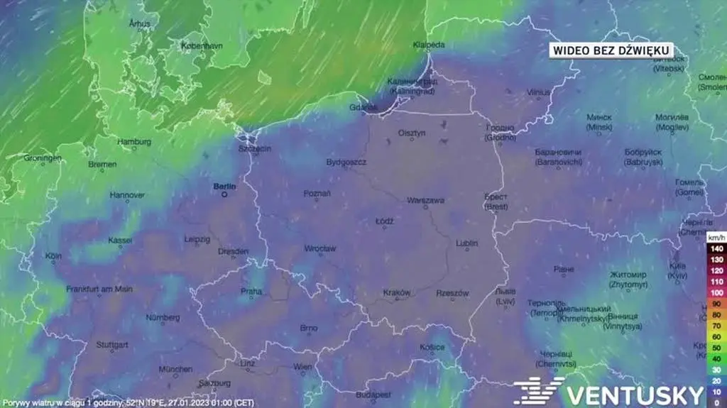 Prognozowane porywy wiatru w dniach 27-31