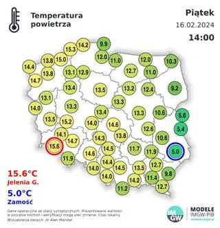 Temperatura powietrza w Polsce w piątek 16.02, godz. 14