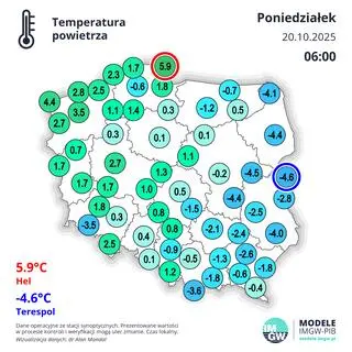 Temperatura powietrza w Polsce o godzinie 6 w poniedziałek 20.10