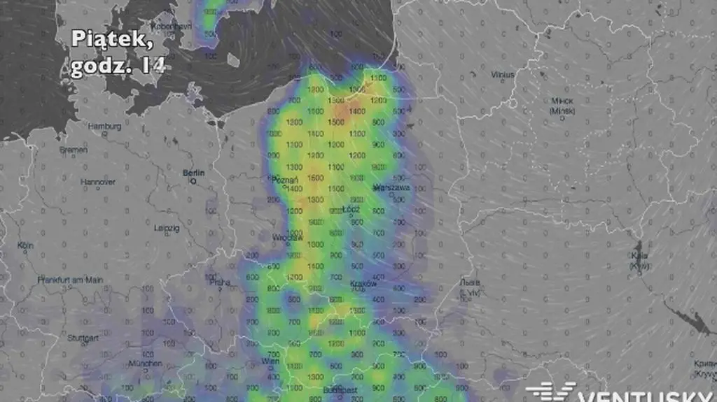 Potencjalny obszar rozwoju burz w piątek (Ventusky