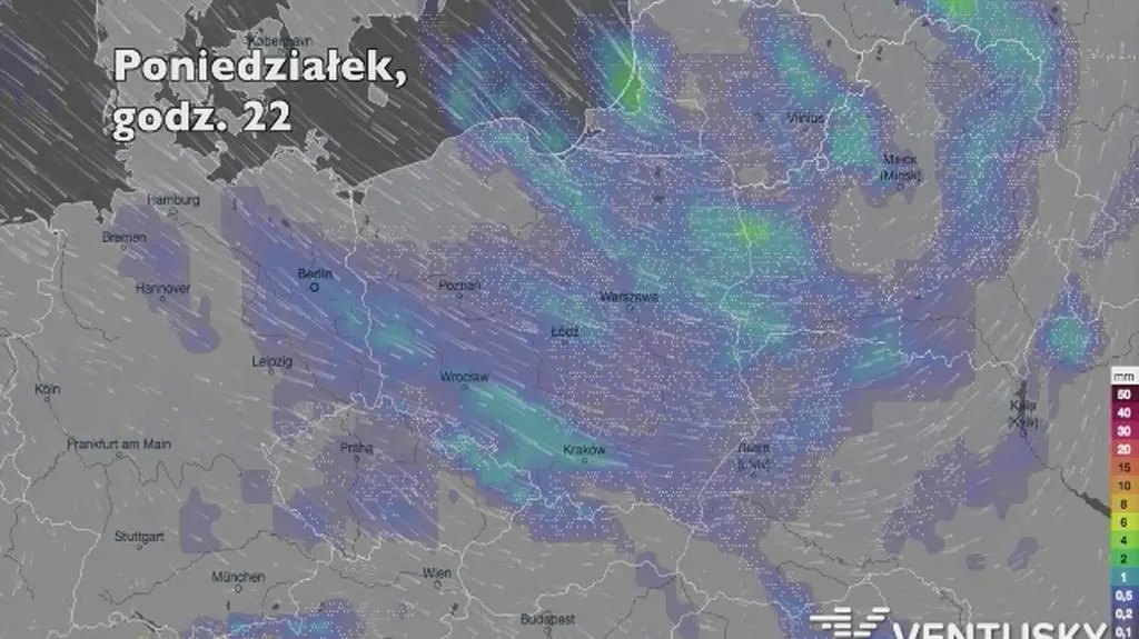 Opady deszczu w ciągu kolejnych pięciu dniu (Ventusky