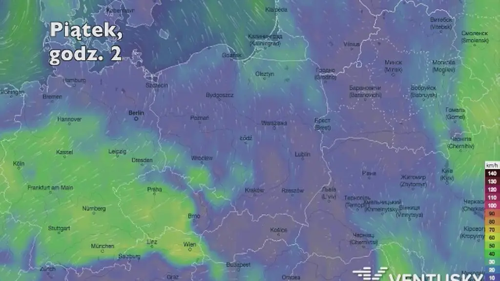 Prędkość porywów wiatru w kolejnych dniach (Ventusky