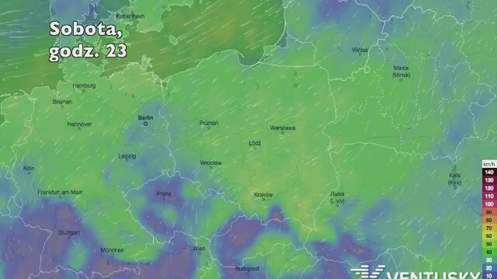 Porywy wiatru w najbliższych dniach (Ventusky