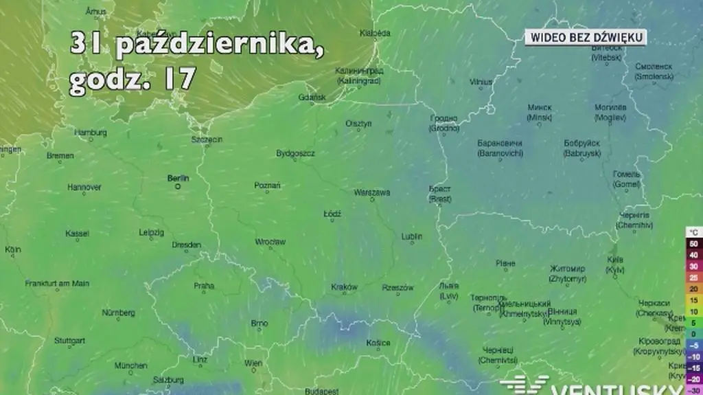 Prognozowana temperatura we Wszystkich Świętych (Ventusky