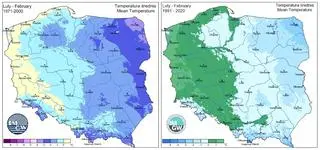 Porównanie średnich miesięcznych temperatur w lutym w latach 1971-2000 (z lewej) oraz 1991-2020 (z prawej)
