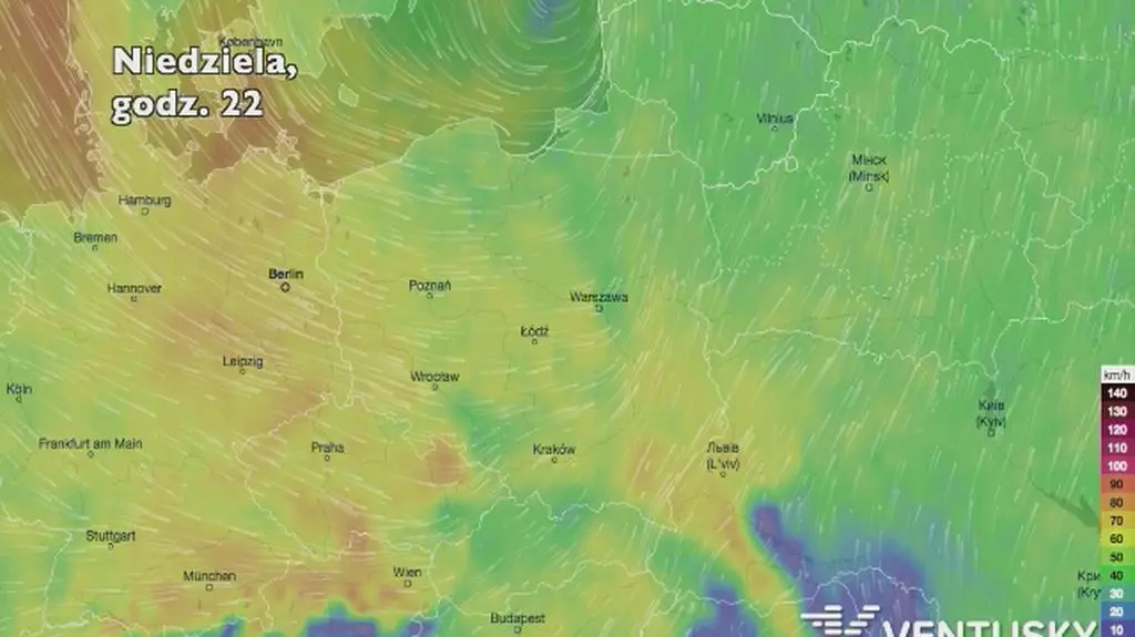 Porywy wiatru w najbliższych dniach (Ventusky