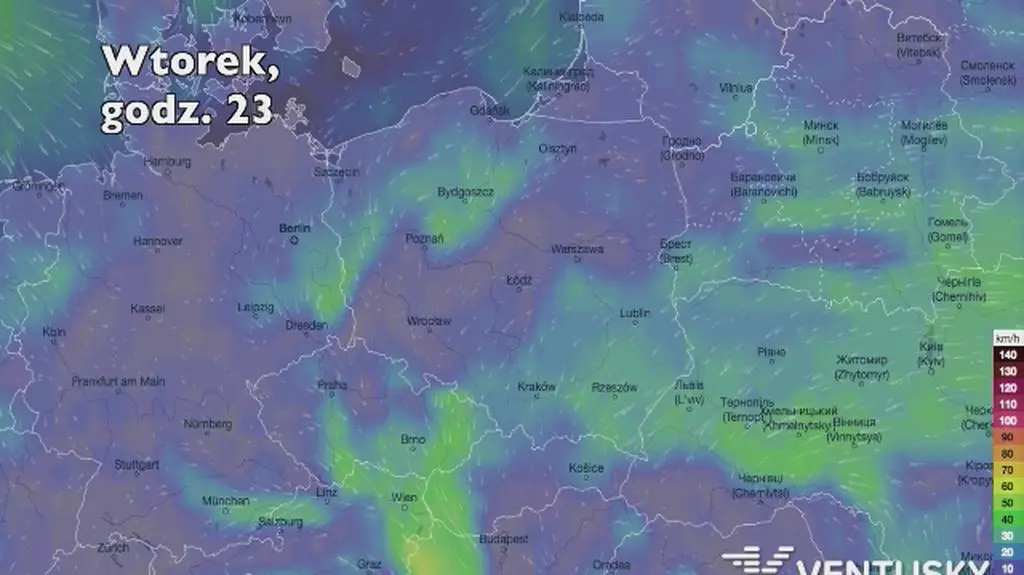 Porywy wiatru w kolejnych dniach (Ventusky