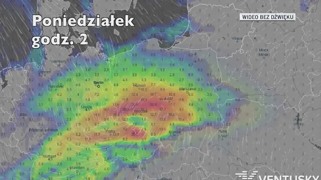 Prognozowane opady w najbliższych dniach (Ventusky