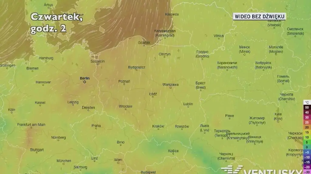 Temperatura w ciągu kolejnych pięciu dni (Ventusky