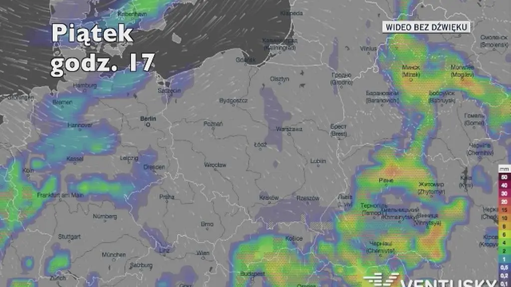 Prognoza opadów na najbliższe godziny (Ventusky