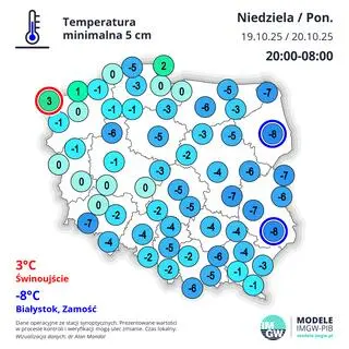 Temperatura minimalna na wysokości 5 centymetrów odnotowana w nocy z niedzieli na poniedziałek