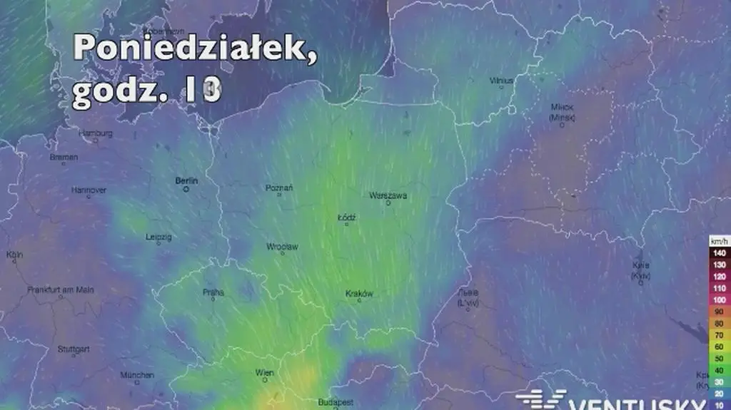 Porywy wiatru w najbliższych dniach (Ventusky