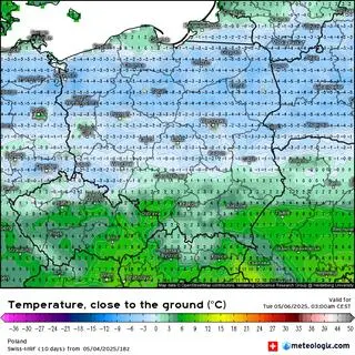 Prognozowana temperatura w Polsce o godzinie 5 we wtorek