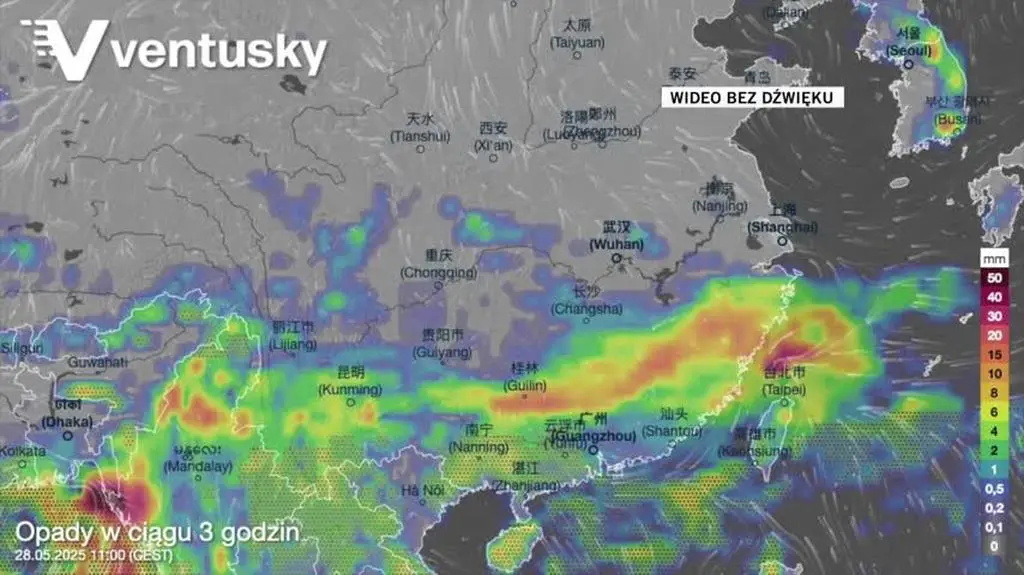 Prognozowane opady na południu Chin
