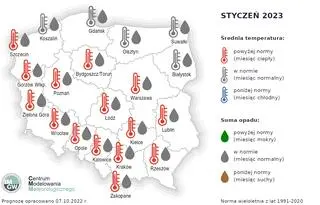 Prognoza średniej miesięcznej temperatury powietrza i miesięcznej sumy opadów atmosferycznych na styczeń 2023 r. dla wybranych miast w Polsce