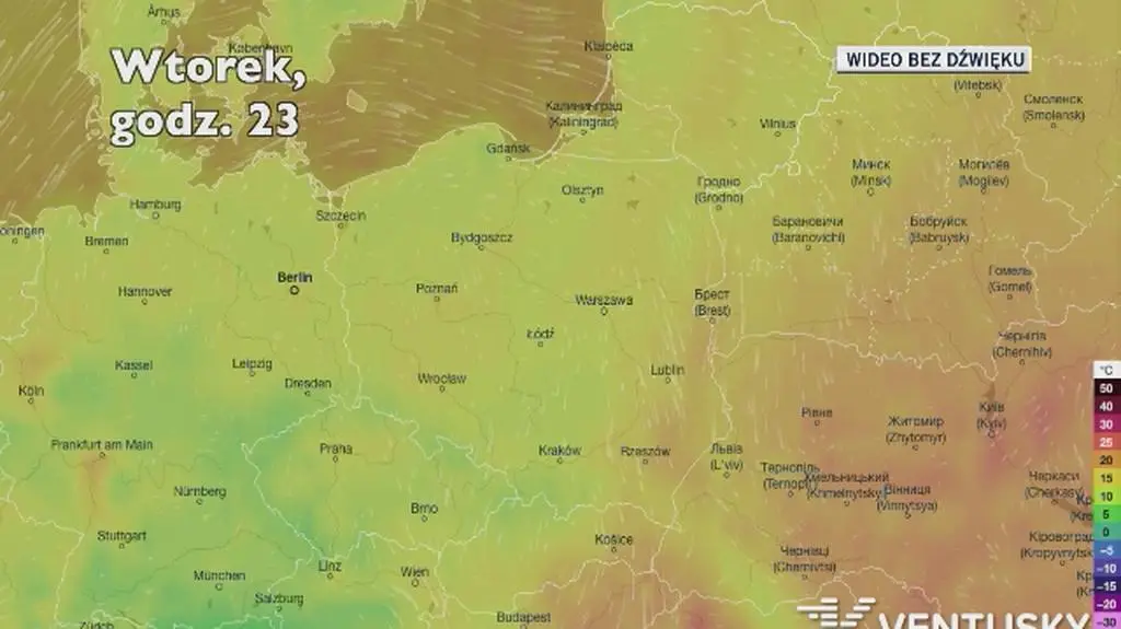 Prognozowana temperatura w ciągu kolejnych dni (Ventusky