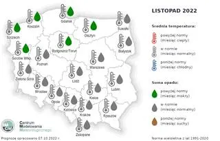 Prognoza średniej miesięcznej temperatury powietrza i miesięcznej sumy opadów atmosferycznych na listopad 2022 r. dla wybranych miast w Polsce