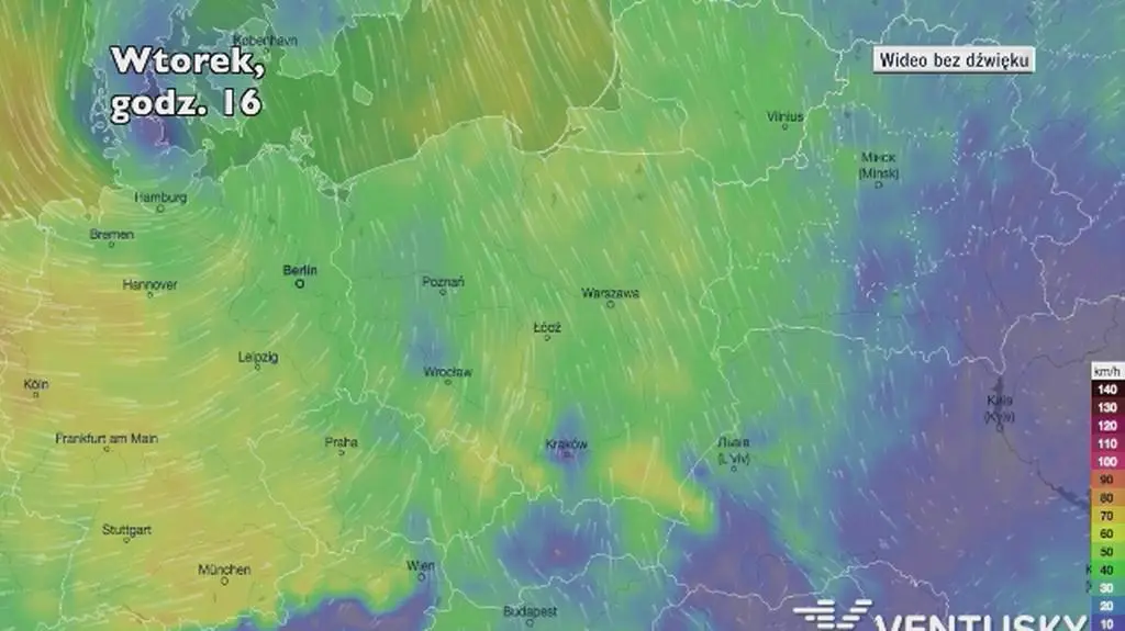 Prędkość porywów wiatru w najbliższych dniach (ventusky
