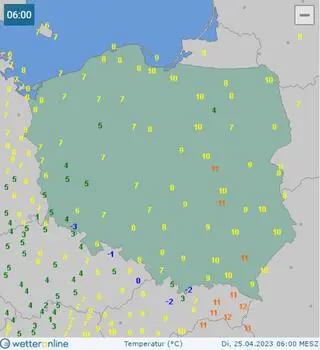 Temperatura w Polsce 25.04.2023 ok. godz. 6