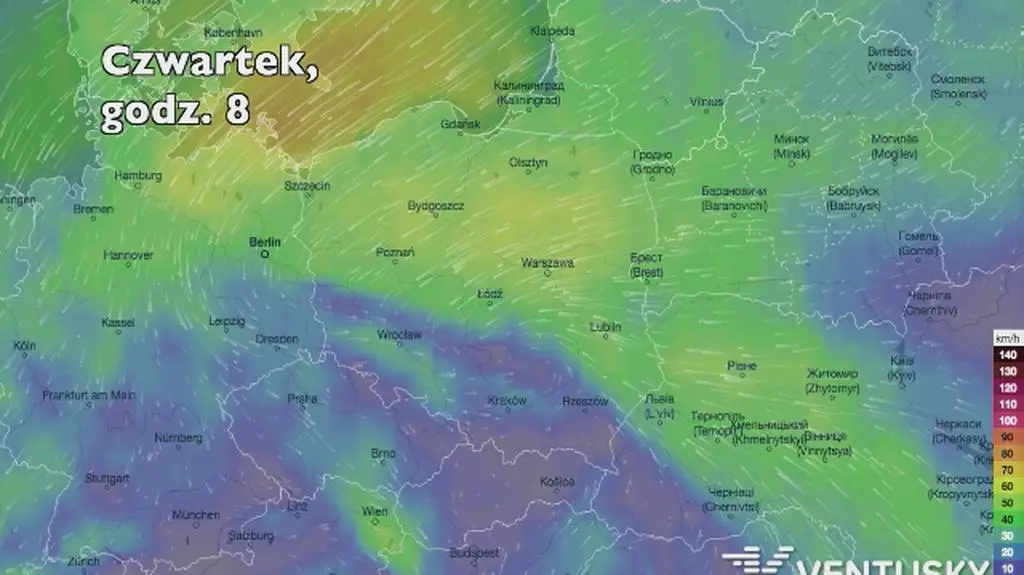 Porywy wiatru w kolejnych dniach (Ventusky