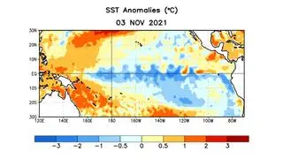 Anomalie temperatury powierzchni wody na Oceanie Spokojnym 3 listopada 2021 roku