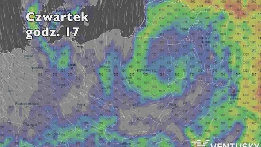 Potencjalne miejsce wystąpienia burz (Ventusky