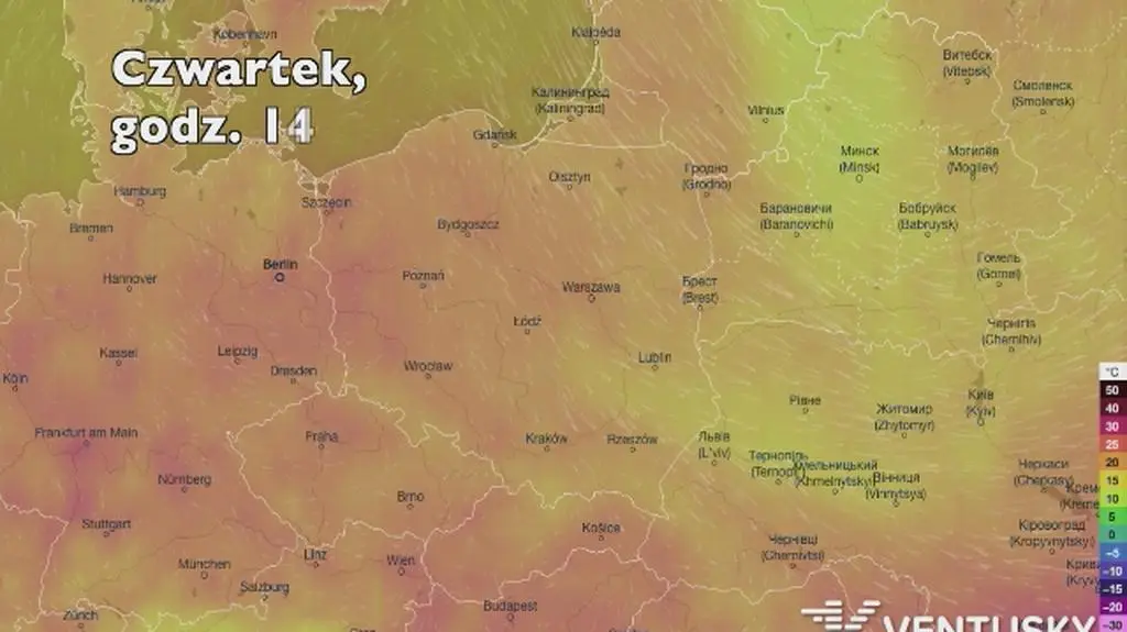 Temperatura w ciągu najbliższych pięciu dni (Ventusky